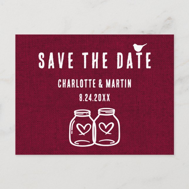 Rustic Burgundy Burlap Wedding Save The Date Announcement Postcard (Front)