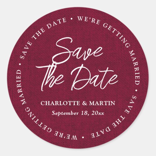 Rustic Burgundy Burlap Wedding Save The Date Classic Round Sticker