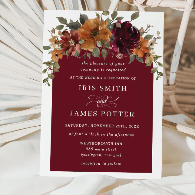 Rustic Burgundy Burnt Orange Floral Arch Wedding Invitation | Zazzle