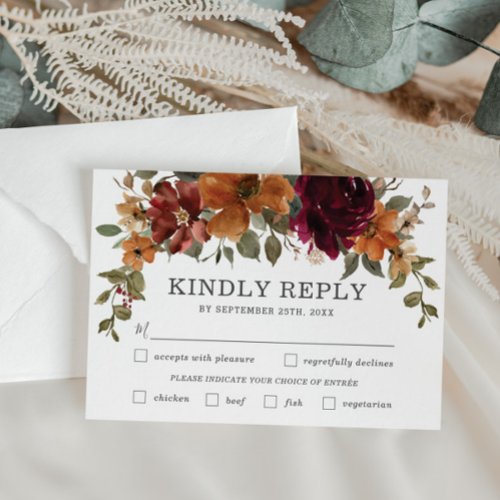 Rustic Burgundy Burnt Orange Floral Wedding Meal RSVP Card