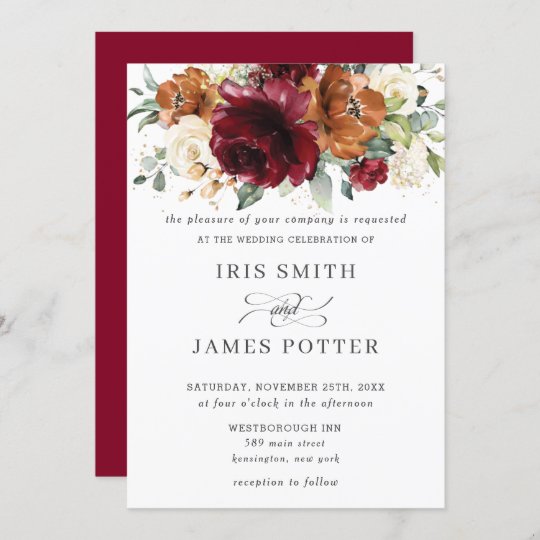 Rustic Burgundy Burnt Orange Ivory Floral Wedding Invitation 