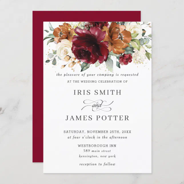 Rustic Burgundy Burnt Orange Ivory Floral Wedding Invitation | Zazzle