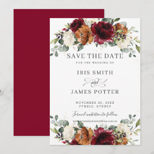 Rustic Burgundy Burnt Orange Ivory Floral Wedding Save The Date