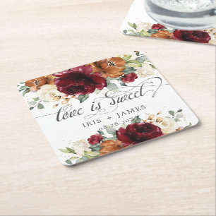 Rustic Burgundy Burnt Orange Ivory Floral Wedding Square Paper Coaster