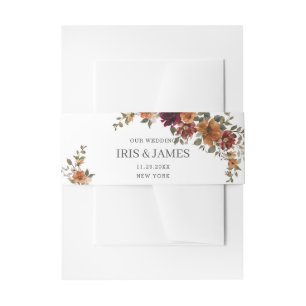 Rustic Burgundy Burnt Orange Rust Floral Wedding Invitation Belly Band