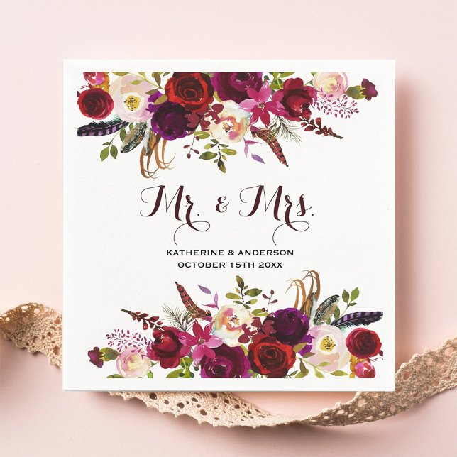 Rustic Burgundy Chic Floral Mr and Mrs Wedding Paper Napkins (Creator Uploaded)
