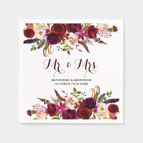 Rustic Burgundy Chic Floral Mr and Mrs Wedding Paper Napkins