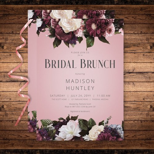 Rustic Burgundy Cream  Pink Floral Bridal Brunch Invitation