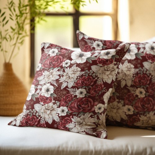 Rustic Burgundy Cream Rose Floral Pattern Throw Pillow