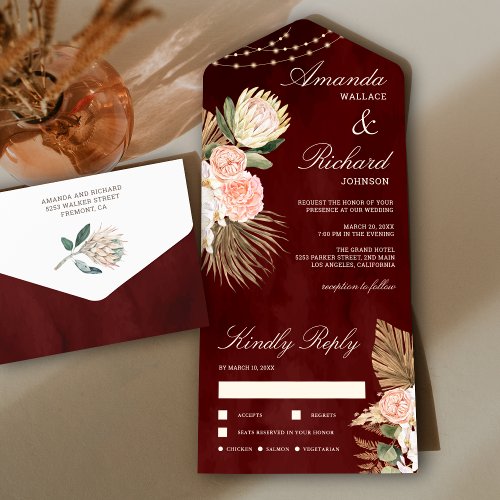 Rustic Burgundy Earthy Floral Palm Protea Wedding All In One Invitation