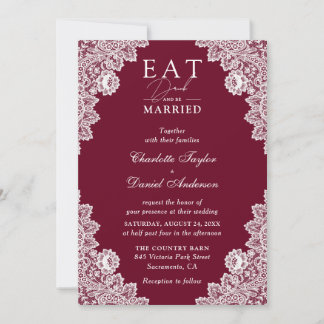 Rustic Burgundy Eat Drink and Be Married Wedding Invitation