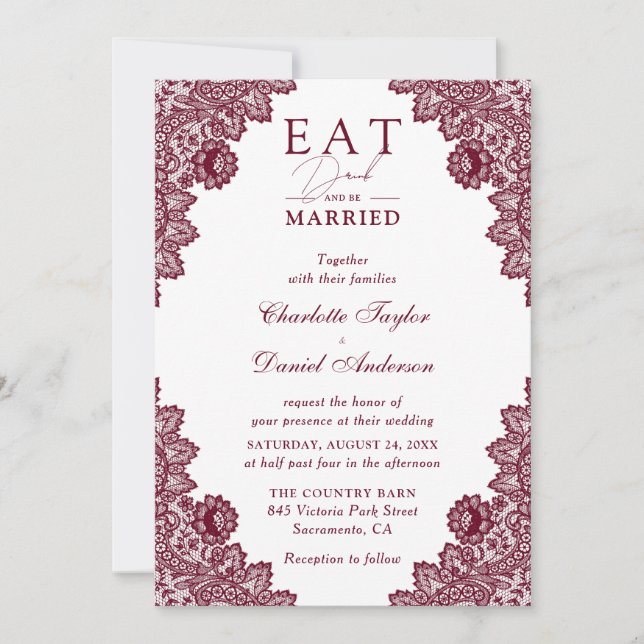 Rustic Burgundy Eat Drink and Be Married Wedding Invitation (Front)