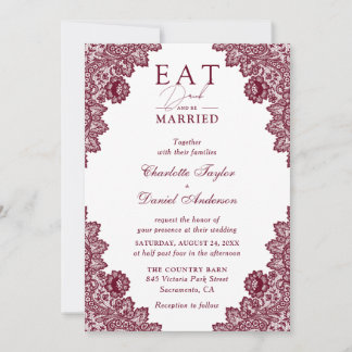 Rustic Burgundy Eat Drink and Be Married Wedding Invitation