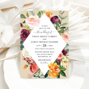 Rustic Burgundy Fall Floral Diamond Wedding Invitation