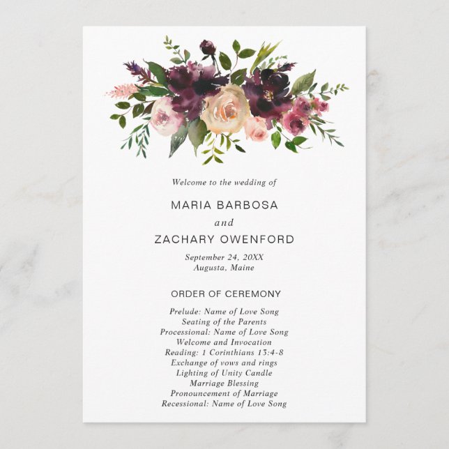 Rustic Burgundy Fall Floral Elegant Wedding Program (Front)