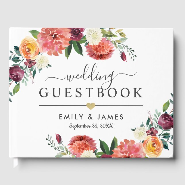 Rustic Burgundy Fall Floral Gold Wedding Monogram Guest Book (Front)