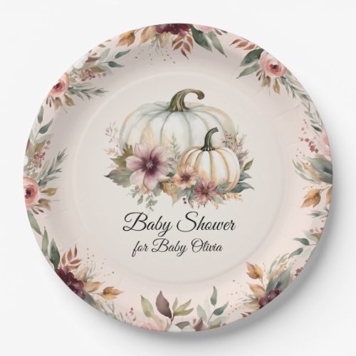 Rustic Burgundy Fall Floral Pumpkin Baby Shower Paper Plates