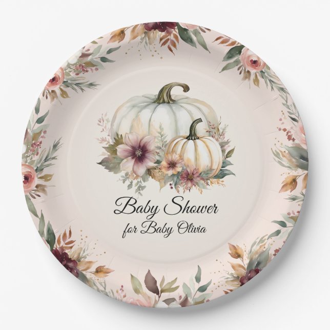 Rustic Burgundy Fall Floral Pumpkin Baby Shower Paper Plates (Front)