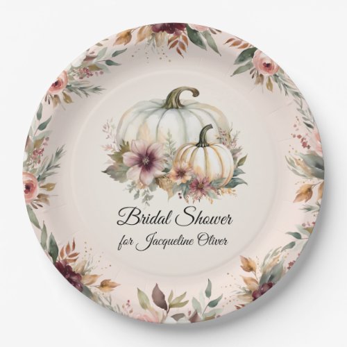 Rustic Burgundy Fall Floral Pumpkin Bridal Shower Paper Plates