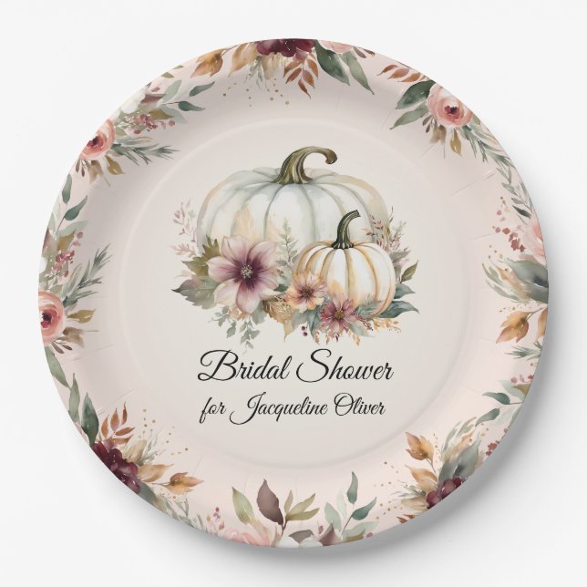 Rustic Burgundy Fall Floral Pumpkin Bridal Shower Paper Plates (Front)
