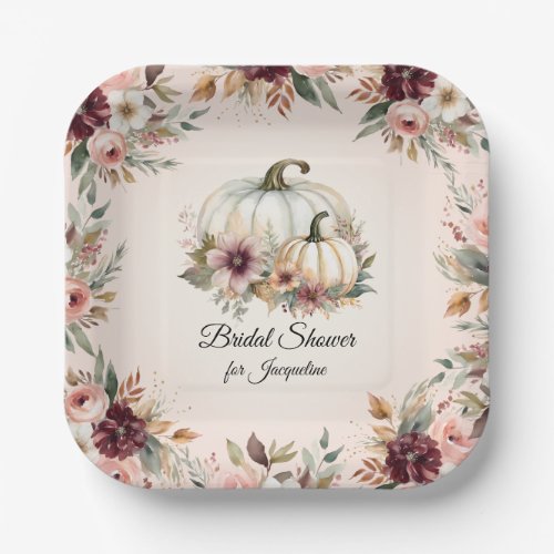 Rustic Burgundy Fall Floral Pumpkin Bridal Shower Paper Plates