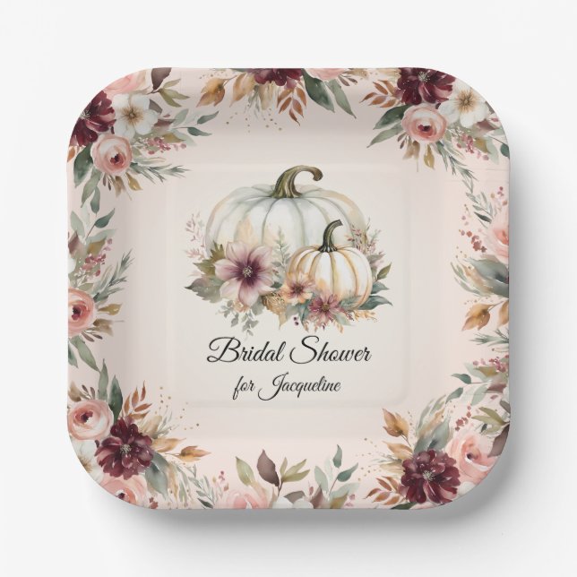 Rustic Burgundy Fall Floral Pumpkin Bridal Shower Paper Plates (Front)