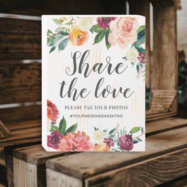 Rustic Burgundy Fall Floral Share the Love Hashtag Wooden Box Sign (Creator Uploaded)