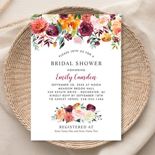 Rustic Burgundy Fall Floral Wedding Bridal Shower Invitation