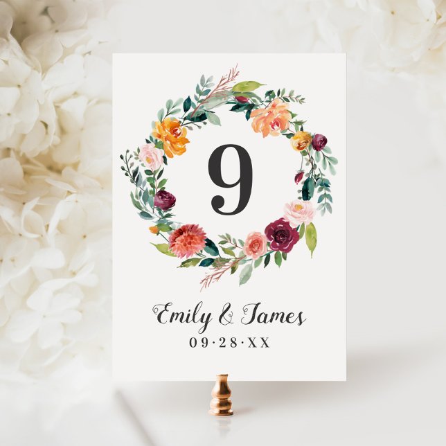 Rustic Burgundy Fall Floral Wedding Table Number (Creator Uploaded)