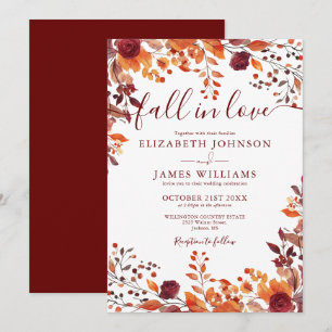 Rustic Burgundy Fall In Love Autumn Floral Wedding Invitation