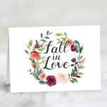 Rustic Burgundy Fall in Love Floral Wreath Advice Note Card<br><div class="desc">Stylish folded "Fall in Love" wedding advice card features a rustic wreath of fall watercolor flowers, including roses, dahlias, peony flowers, and greenery, in a gorgeous autumn palette of burgundy red, golden yellow, blush pink, and shades of green. A coordinating burgundy watercolor stripes pattern dresses up the back of the...</div>