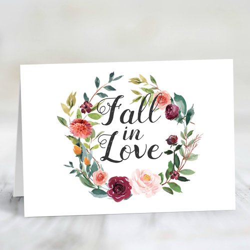 Rustic Burgundy Fall in Love Floral Wreath Advice Note Card