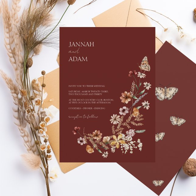 Rustic Burgundy Fall Wildflower Wedding Invitation (Creator Uploaded)