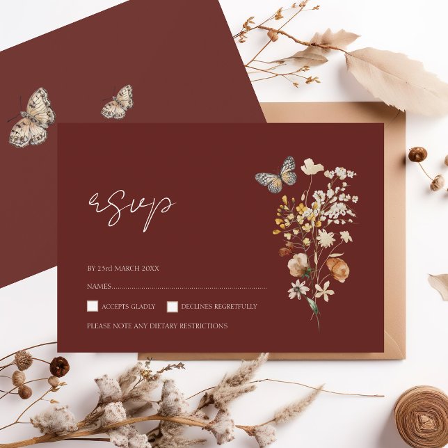 Rustic Burgundy Fall Wildflower Wedding RSVP Card (Creator Uploaded)