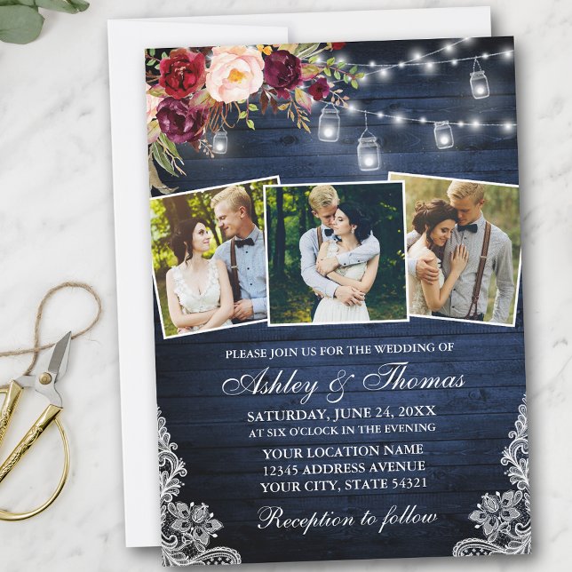 Rustic Burgundy Floral 3 Photo Jar Lights Wedding Invitation (Customize to add more text or more photos to back of card.)