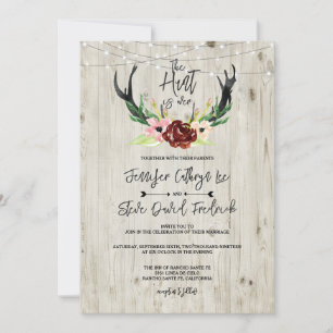 Rustic Burgundy Floral Antler Hunt is Over Wedding Invitation