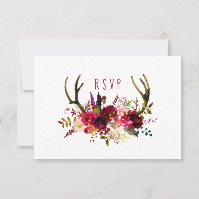 Rustic Burgundy Floral Antlers RSVP entree choice Card (Front)