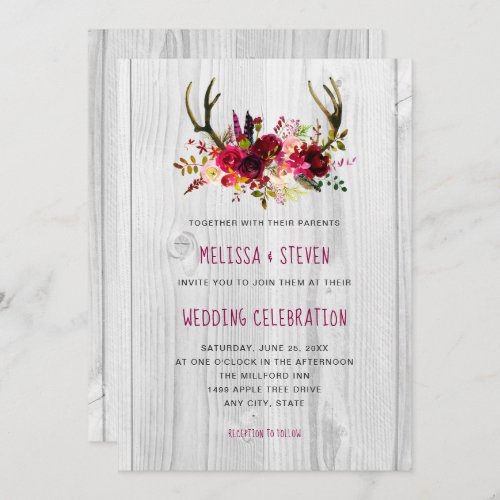 Rustic burgundy floral antlers Wedding invitations
