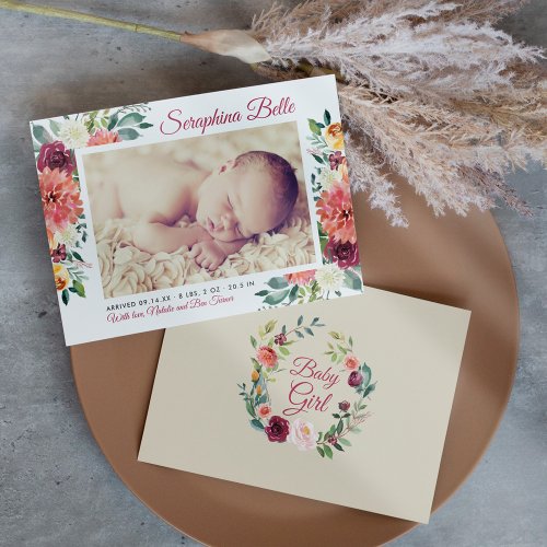 Rustic Burgundy Floral Baby Girl Photo Birth Announcement