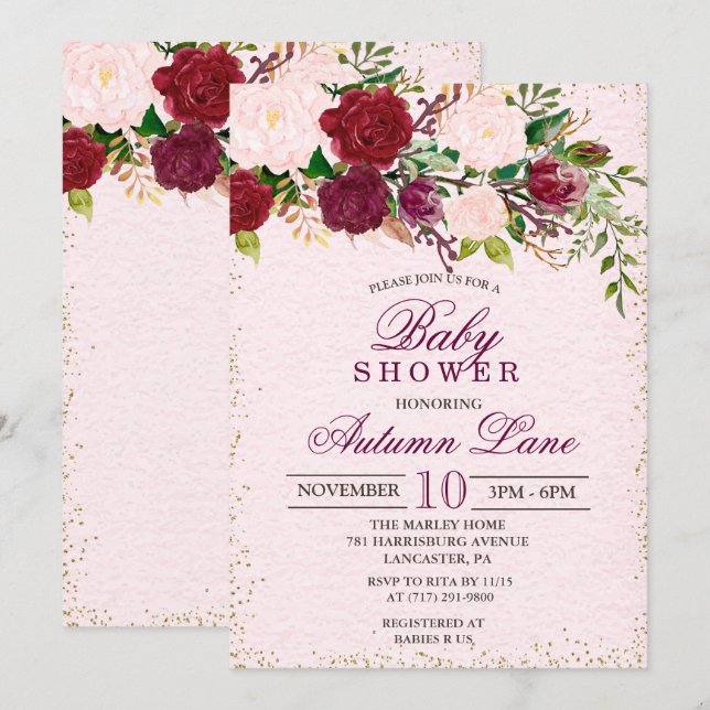 Rustic Burgundy Floral Baby Shower Invitation (Front/Back)