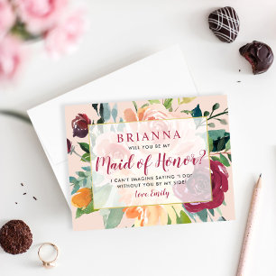 Rustic Burgundy Floral Be My Maid of Honor Card