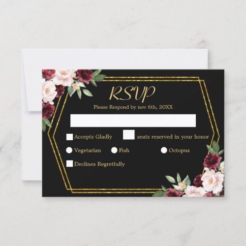 Rustic Burgundy Floral Black  Gold Wedding   RSVP Card