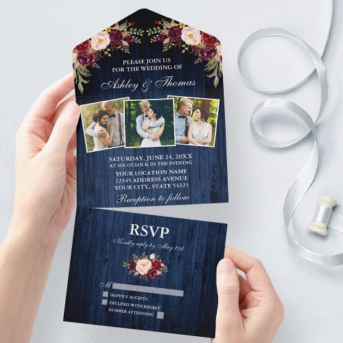 Rustic Burgundy Floral Blue Wood 3 Photo Wedding All In One Invitation