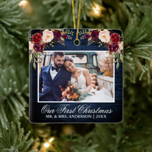 Rustic Burgundy Floral Blue Wood First Christmas Ceramic Ornament