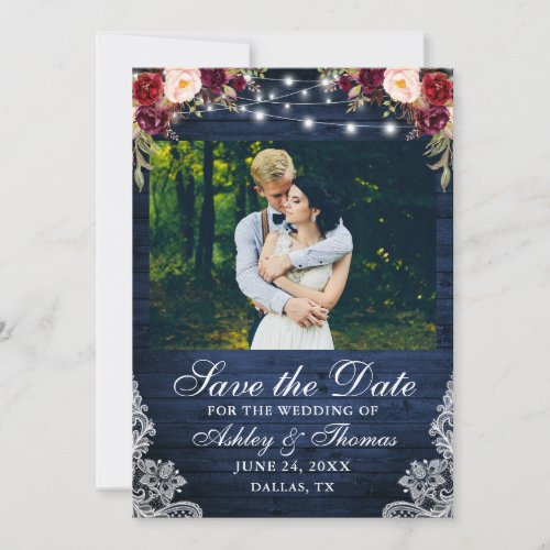Rustic Burgundy Floral Blue Wood Lights Photo Save The Date