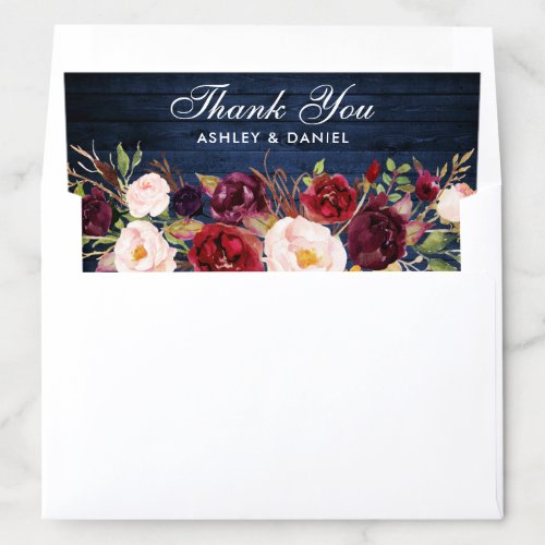 Rustic Burgundy Floral Blue Wood Thank You Wedding Envelope Liner