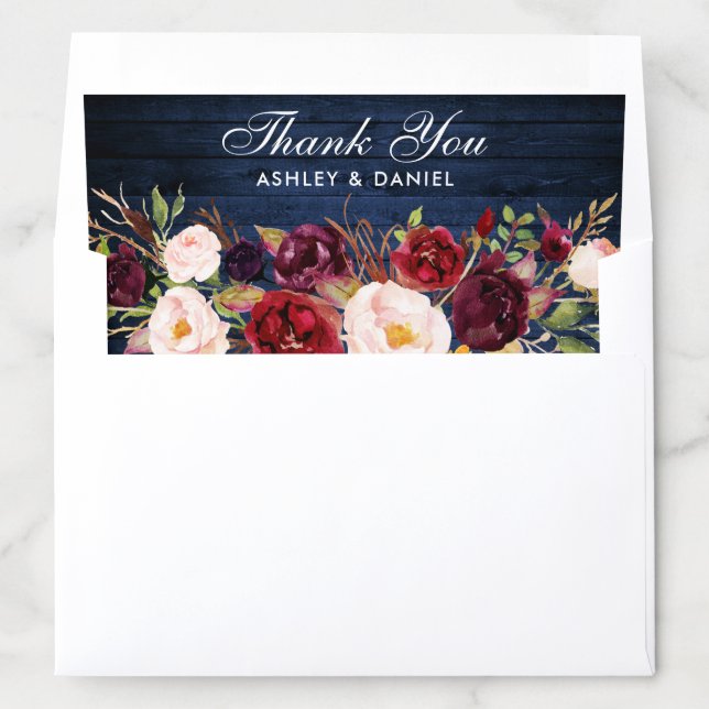 Rustic Burgundy Floral Blue Wood Thank You Wedding Envelope Liner (In Envelope)