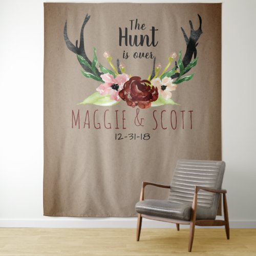 Rustic Burgundy Floral Boho Hunt is Over Wedding Tapestry