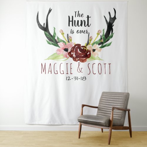 Rustic Burgundy Floral Boho Hunt is Over Wedding Tapestry