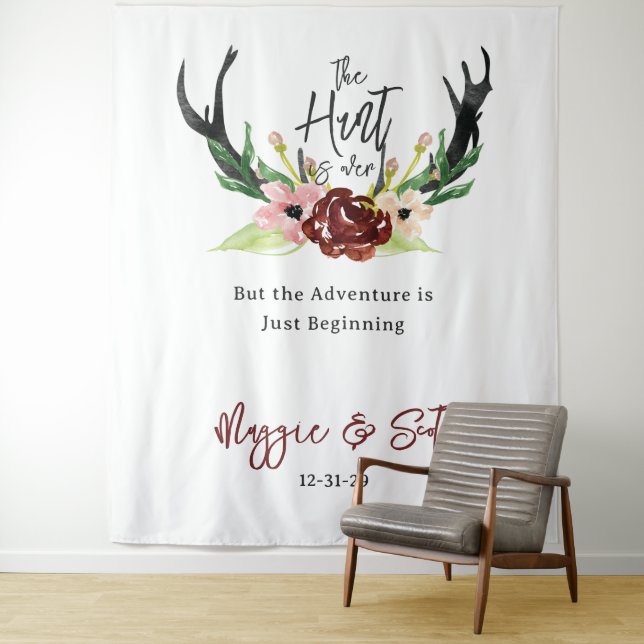 Rustic Burgundy Floral Boho Hunt is Over Wedding Tapestry (In Situ)